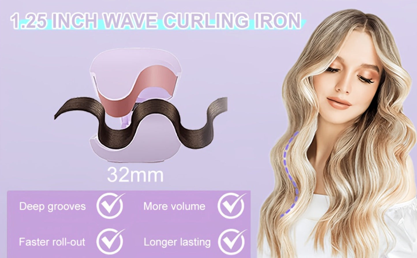 32 mm Wave-Clamp Curling Iron Options with Lavender French-Roll or Pink V-Groove Plates Pictured
