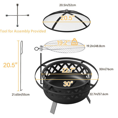 30-Inch Steel Wood-Burning Fire Pit with Grill Grate, Mesh Spark Screen, Poker and Diamond-Cut Bowl Design