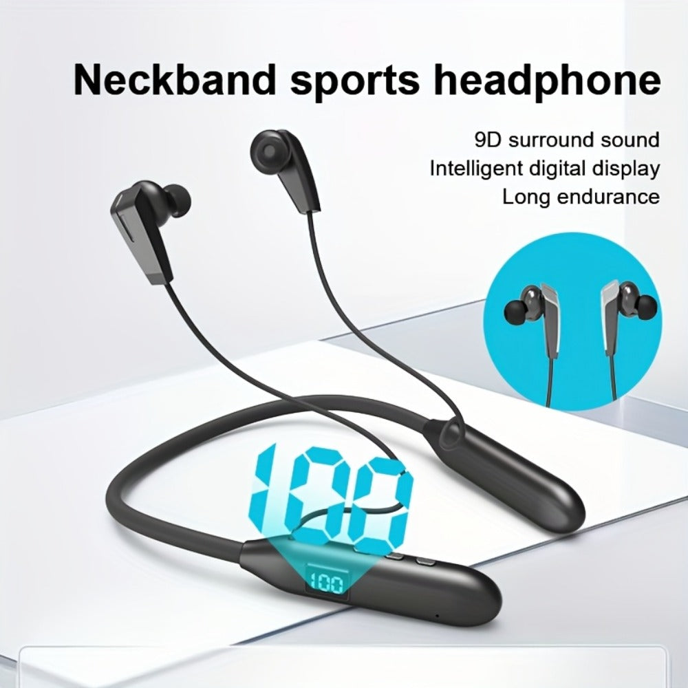 Neckband Sport Bluetooth Earphones Wireless In-Ear Flexible Neckband Extra Long Battery Life LED Display Running Gym Workout Calls Gaming Outdoor Activities Black
