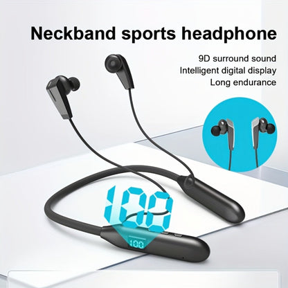 Neckband Sport Bluetooth Earphones Wireless In-Ear Flexible Neckband Extra Long Battery Life LED Display Running Gym Workout Calls Gaming Outdoor Activities Black