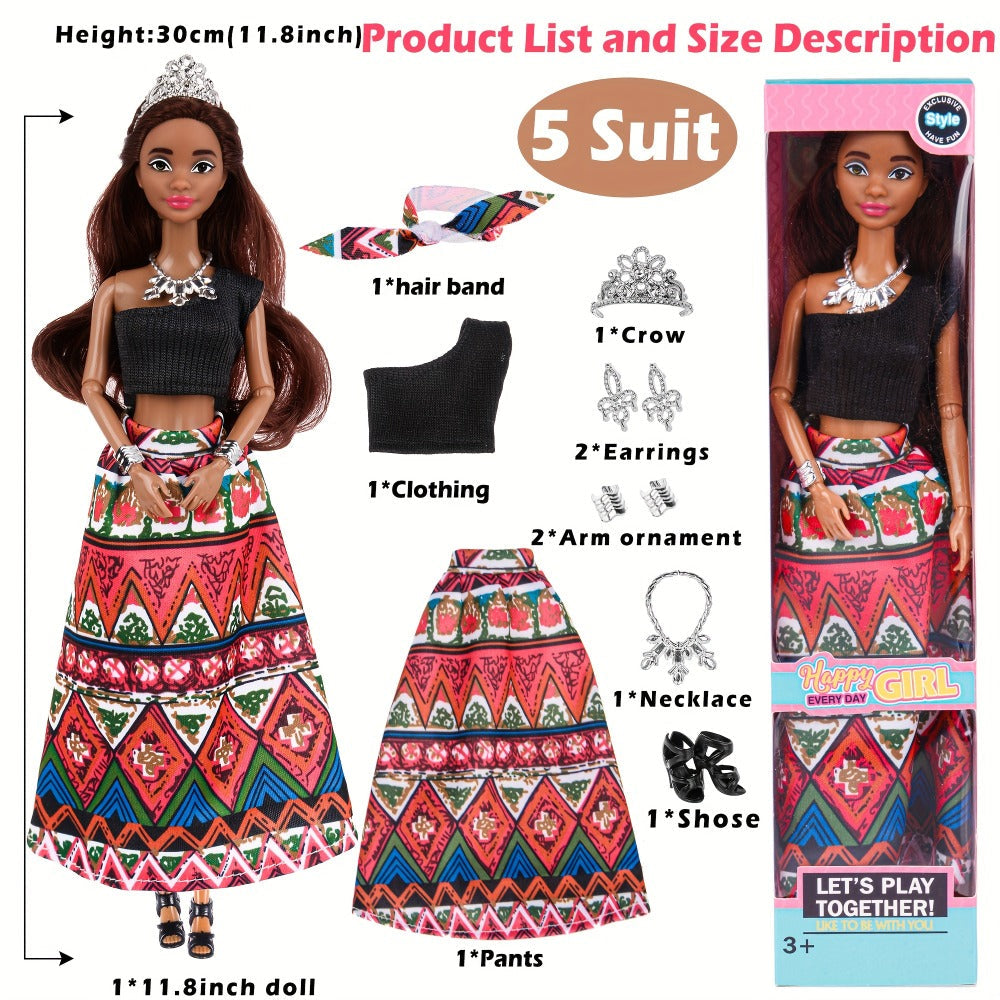 Six-Piece 11.5-Inch Fashion Doll Set with Curly-Hair Styles, Bohemian Outfits, Headbands and Jewelry