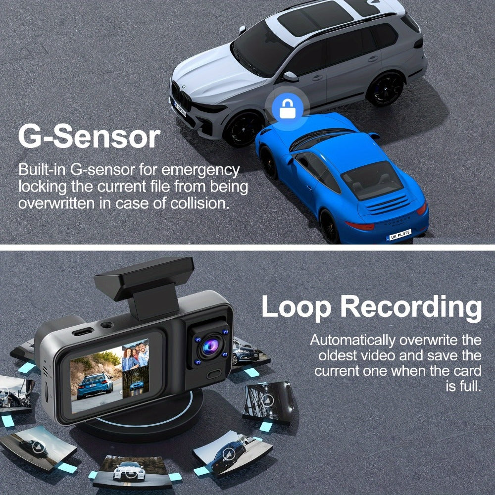 3 Channel Dash Cam Front Rear Inside 1440P+1080P+1080P with 64GB SD Card, Super Night Vision, Loop Recording, G-Sensor, Motion Detection, 24-Hour Parking Mode