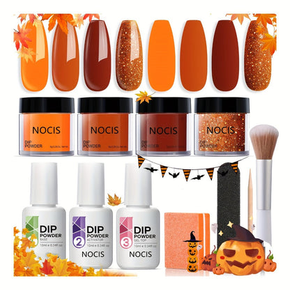 Dip Powder Nail Kit with NOCIS Label, Four Orange Brown Glitter Powders, Three 10ml Liquids and Four Tools