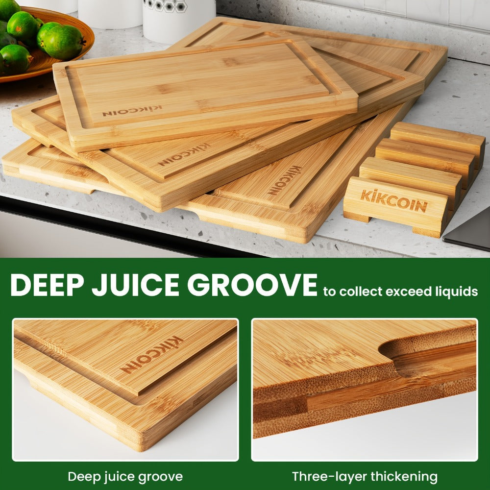 Four-Piece Bamboo Cutting Board Set with Graduated Sizes, Juice Grooves and Storage Rack Included