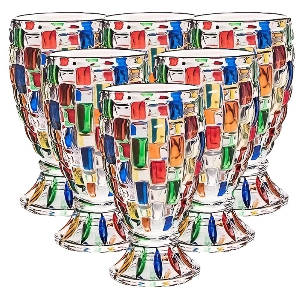 Mosaic-Pattern Drinking Glasses with Footed Bases, Two- or Six-Piece Colorful Goblet Sets for Table Settings