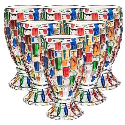 Mosaic-Pattern Drinking Glasses with Footed Bases, Two- or Six-Piece Colorful Goblet Sets for Table Settings