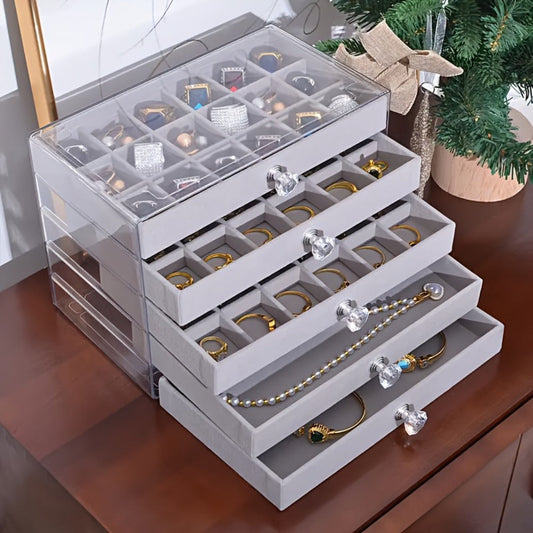 Jewelry Organizer 5-Tier 56-Grid Drawer Box in Gray or Beige for Rings, Earrings, Brooches and Hair Clips