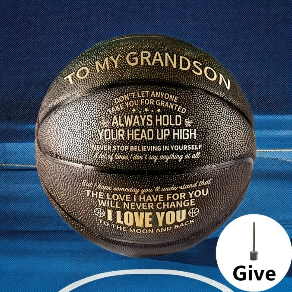 Message Basketball Gift for Son or Grandson with Eight Printed Design Options and Inflation Pump