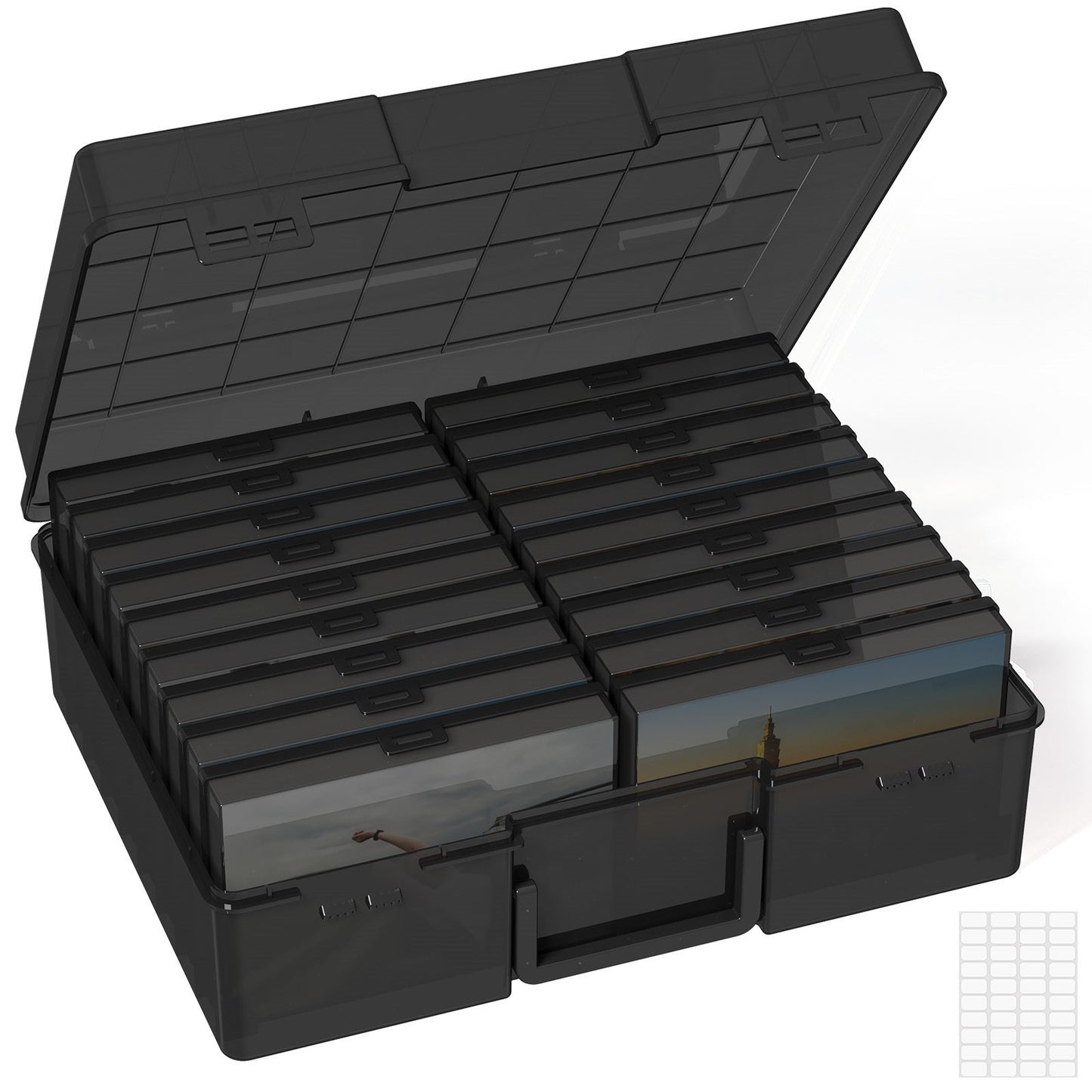 Photo Storage Box with 14 or 18 Inner Keeper Cases in Clear, Black or Multicolor Configurations