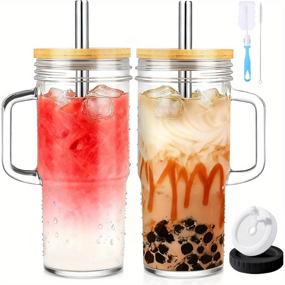 Handled Glass Tumbler Drinkware Set, 24oz Mason-Style Cups with Bamboo Lids, Straws and Brushes in 2 or 4 Pieces