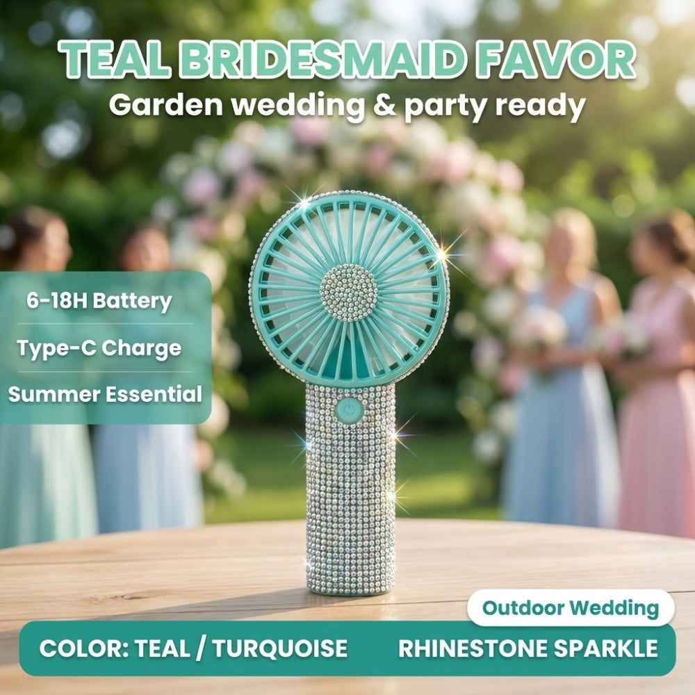 Elegant Silvery Rhinestone Mini Handheld Fan with Type-C Charging, Round Grille and Decorated Handle