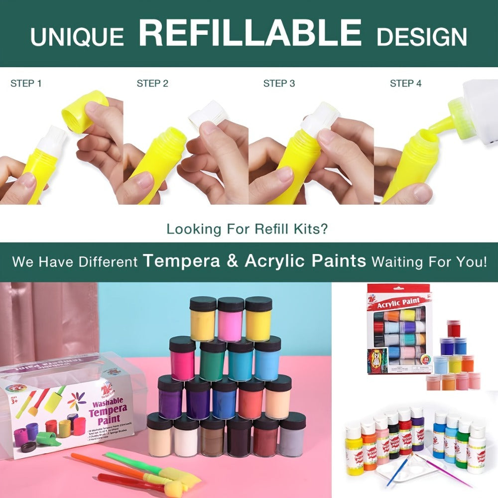 Tempera Paint Set for Kids 12 Colors Washable – Squeezable Brush Pens Neon Basic Pastel 24ml Each | Refillable Non-Toxic Art Supplies for Early Learning Finger Painting | Birthday Christmas Gift