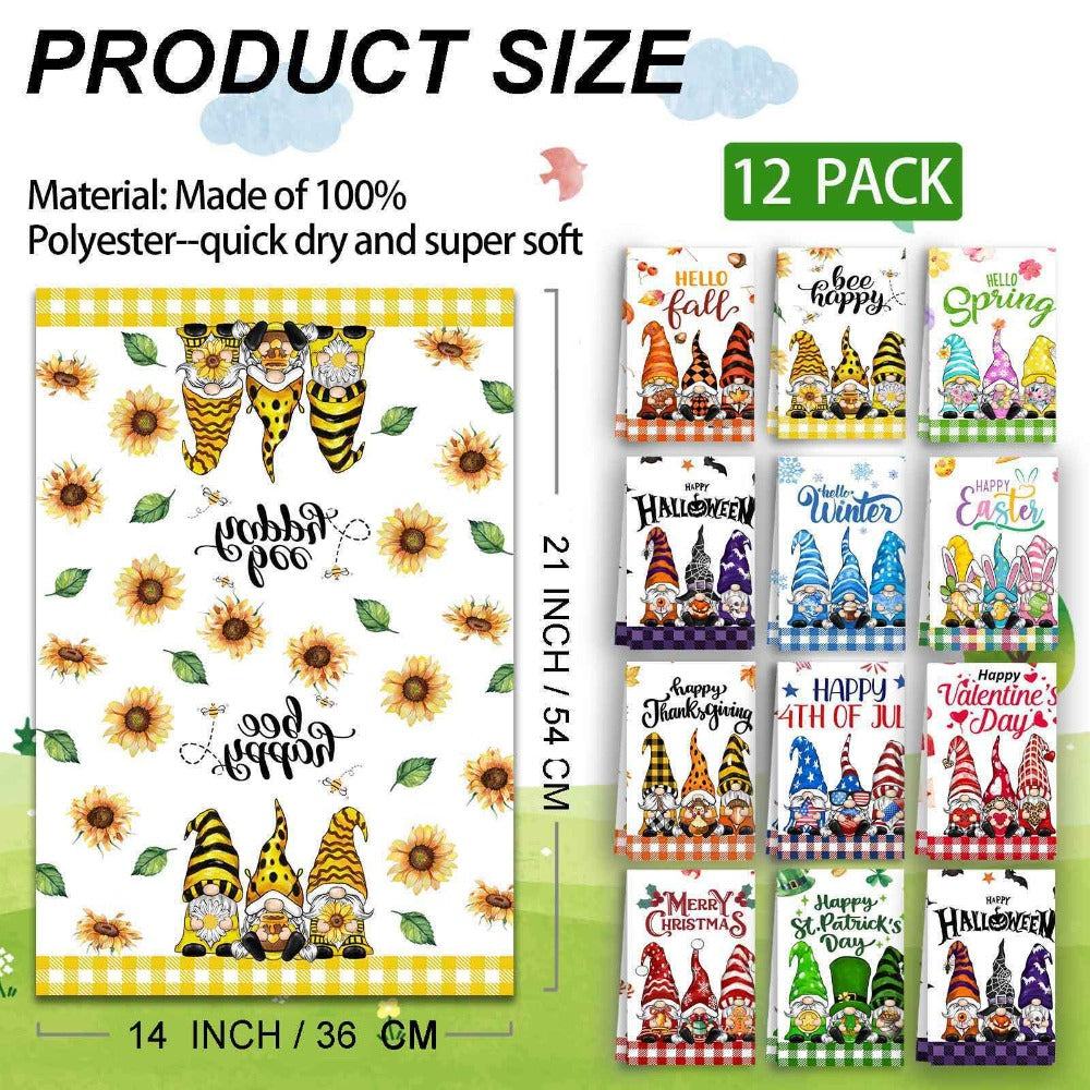 Christmas Kitchen Towels Set 12-Piece Gnome Dish Towels – Absorbent Seasonal Hand Towels for Holiday Kitchen Decor, Tea Towels & Dishcloths