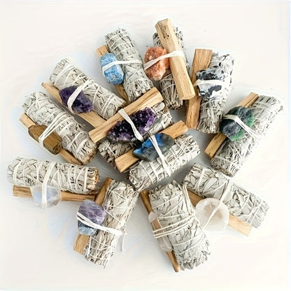 Natural White Sage and Random Crystal Decor Set for Meditation Spaces, Displays and Seasonal Gifts