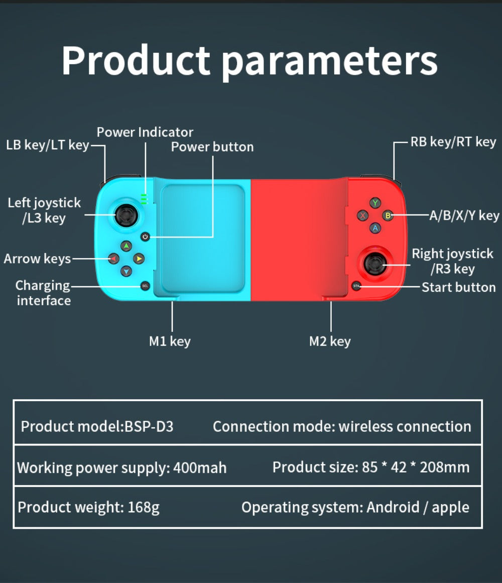 Expandable Mobile Game Controller D3 Joystick with M2 Aim-Assist – Plug & Play for Android iOS HarmonyOS, FPS Shooter Action Games, Phone Gamepad Clip-On Grip White Black Red Blue Gift