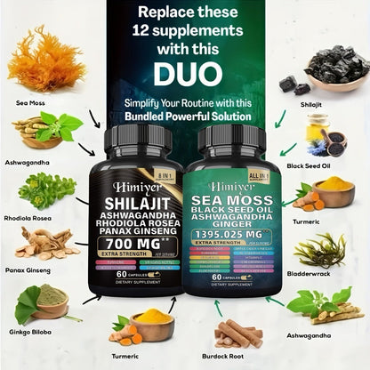 Sea Moss & Shilajit Bundle 6 Bottles – Sea Moss 350mg, Shilajit 300mg & Ashwagandha 200mg | 3-Month Herbal Supplement Kit for Energy, Vitality & Immune Support | All-in-One Wellness Value Pack