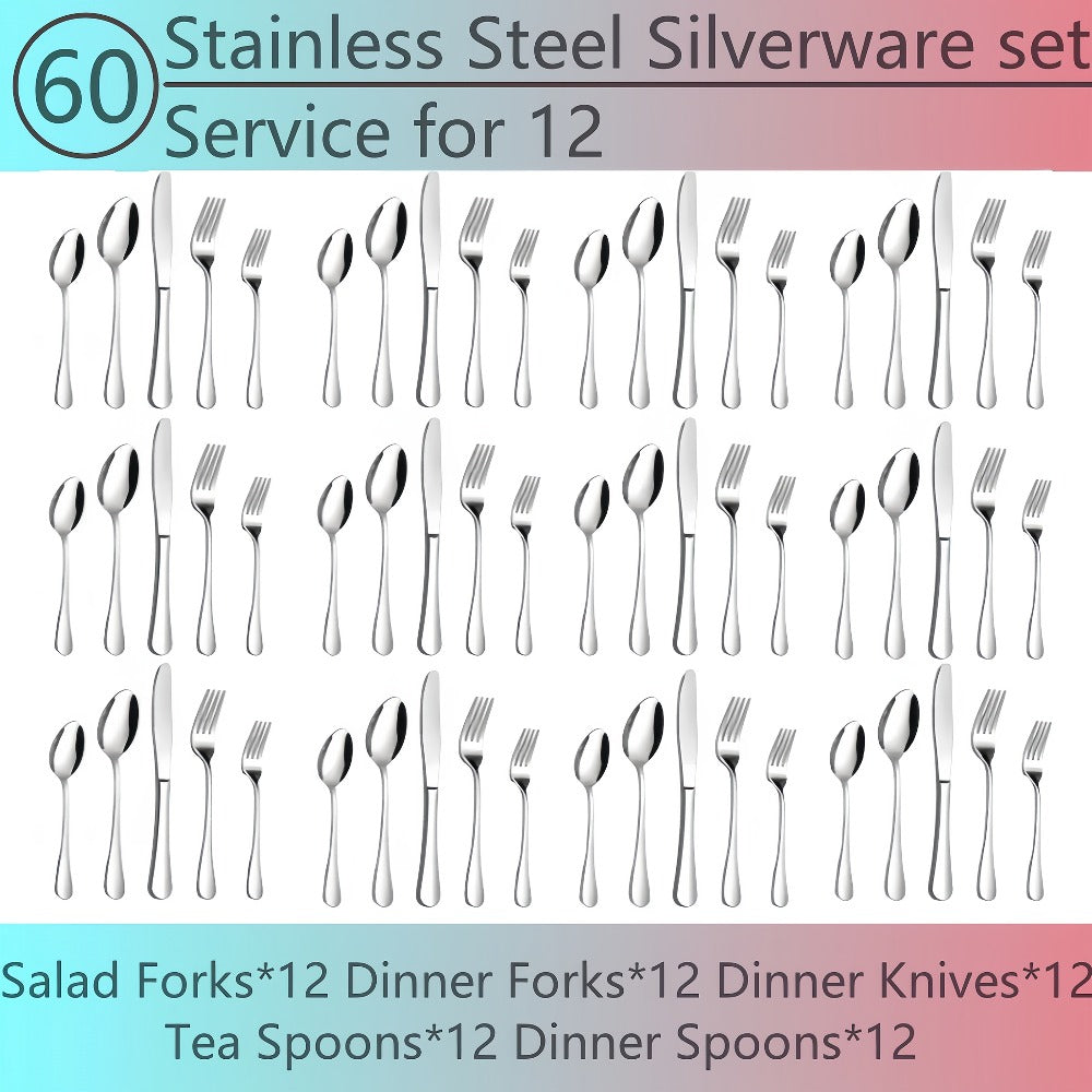 20- or 60-Piece Flatware Set in Silver, Gold or Rainbow Finish with Five-Piece Place Settings