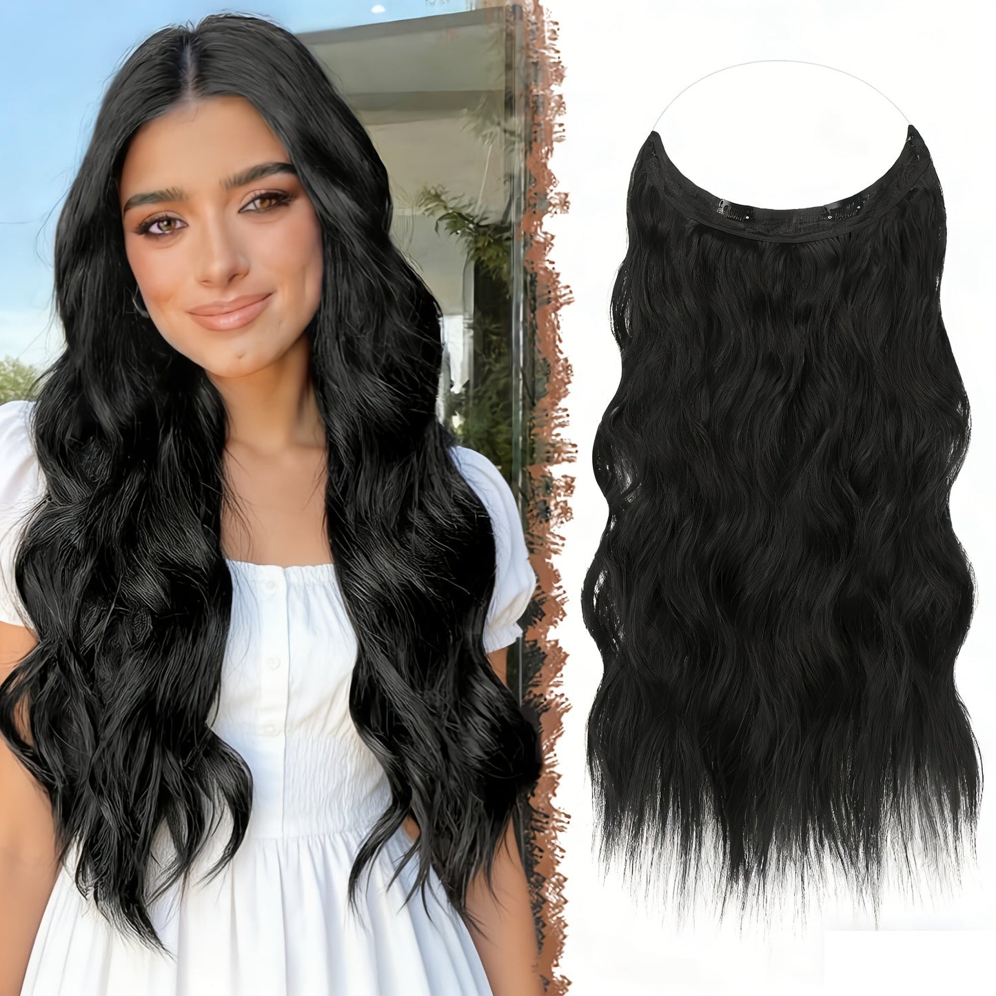 Hair Extensions Wavy 18-Inch Synthetic Halo Weft with Clear Wire, Two Clips and Ten Color Options
