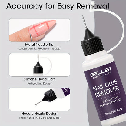 Nail Glue Remover 20ml Precision Needle Applicator Acetone Free - Fast Acting No-Mess Formula for Press On Nails Gel X Nail Tips Fake Nails - Non-Irritating Nail Glue Dissolver for Women