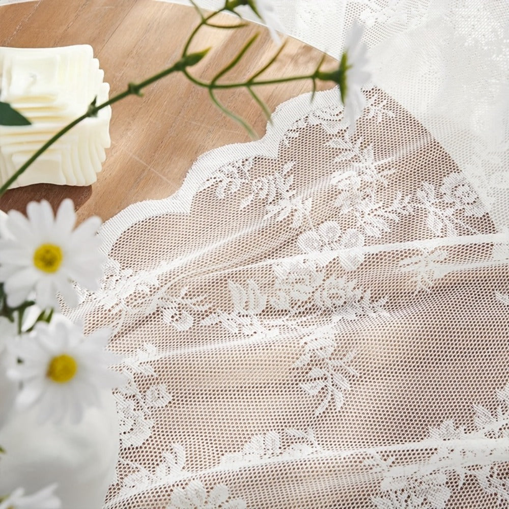 Two-Panel Floral Lace Window Curtain Set with Rod-Pocket Top, Three Colors and Six Metric Size Options