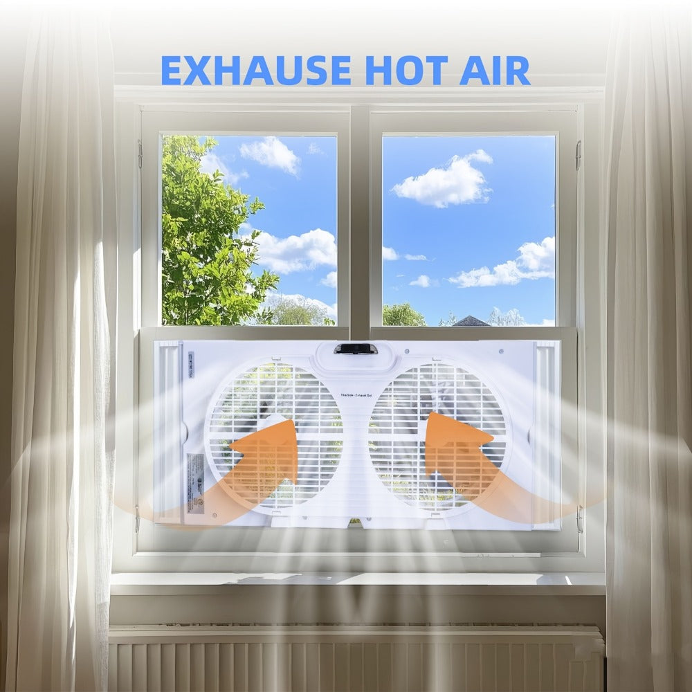 Window Fan 9 Inch Twin Expandable Dual Fan, 3-Speed with Remote Control or Manual Control for Home Cooking, Dining and Outdoor Meals