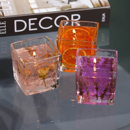 550g Floral Inlay Candle in Approximate 8 x 8cm Square Glass Jar, Single Wick and Two Styles
