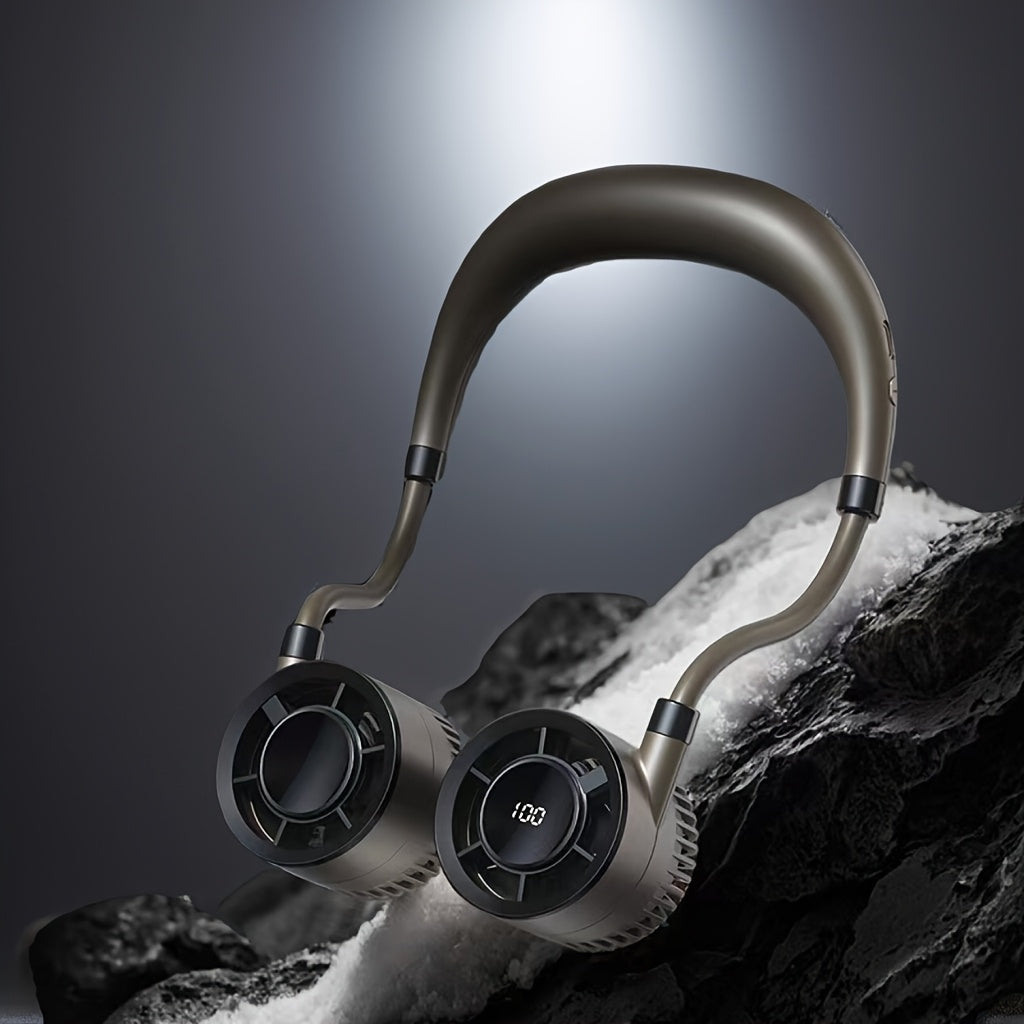 Dual-Head Neck Fan with a Digital Display in White, Green or Champagne Golden and USB Charging