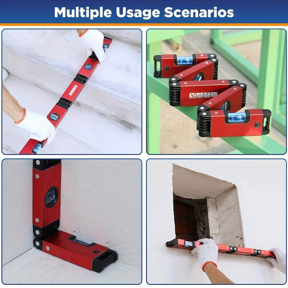 Red Folding Multi-Angle Bubble Level with Hinged Sections for Carpentry and Home DIY Layout
