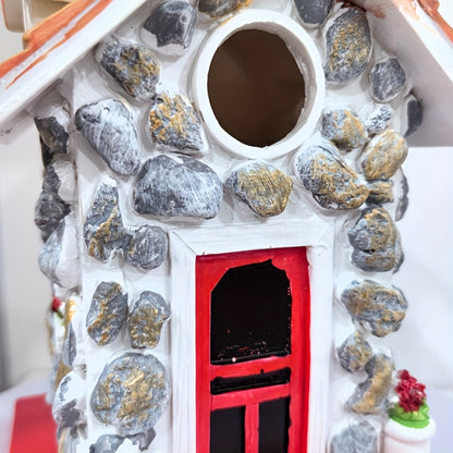 Stone-Look Cottage Garden Ornament in One-Piece Resin with Red Door, Shingled Roof and Hanging Loop