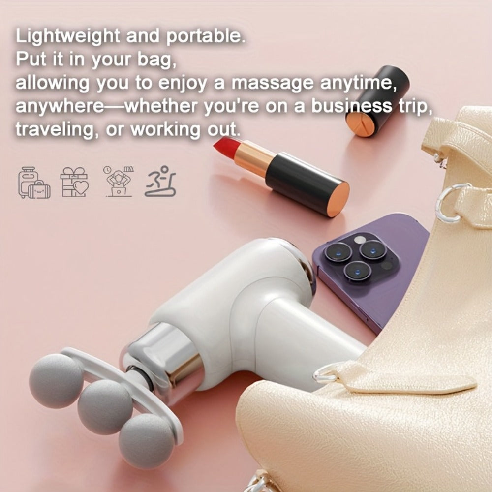 White USB-Rechargeable Massage Gun with Straight-Grip Body and Nine Interchangeable Massage Head Styles