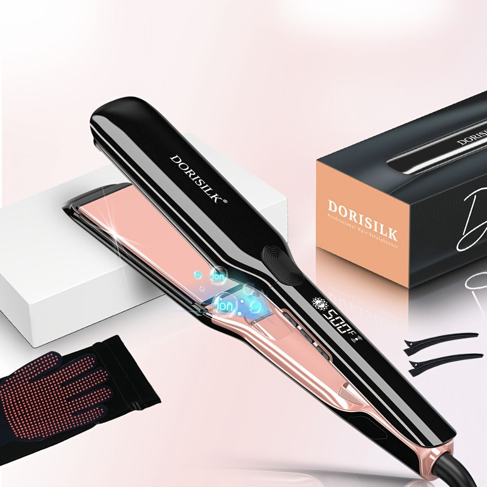 Plasma Ionic Hair Straightener Flat Iron 500°F with PTC Ceramic Oil Plates, LCD Display & 60-Min Auto Off — Frizz Control Professional Flat Iron for All Hair Types, 1" & 1.77" Plates