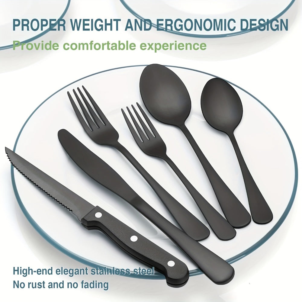 Stainless Steel Flatware Set with Steak Knives – 24/48 Piece Silverware Set Service for 4 or 8, Mirror Polished Cutlery, Dishwasher Safe, Silver & Black