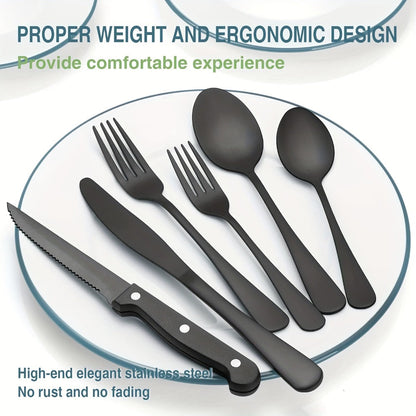 Stainless Steel Flatware Set with Steak Knives – 24/48 Piece Silverware Set Service for 4 or 8, Mirror Polished Cutlery, Dishwasher Safe, Silver & Black