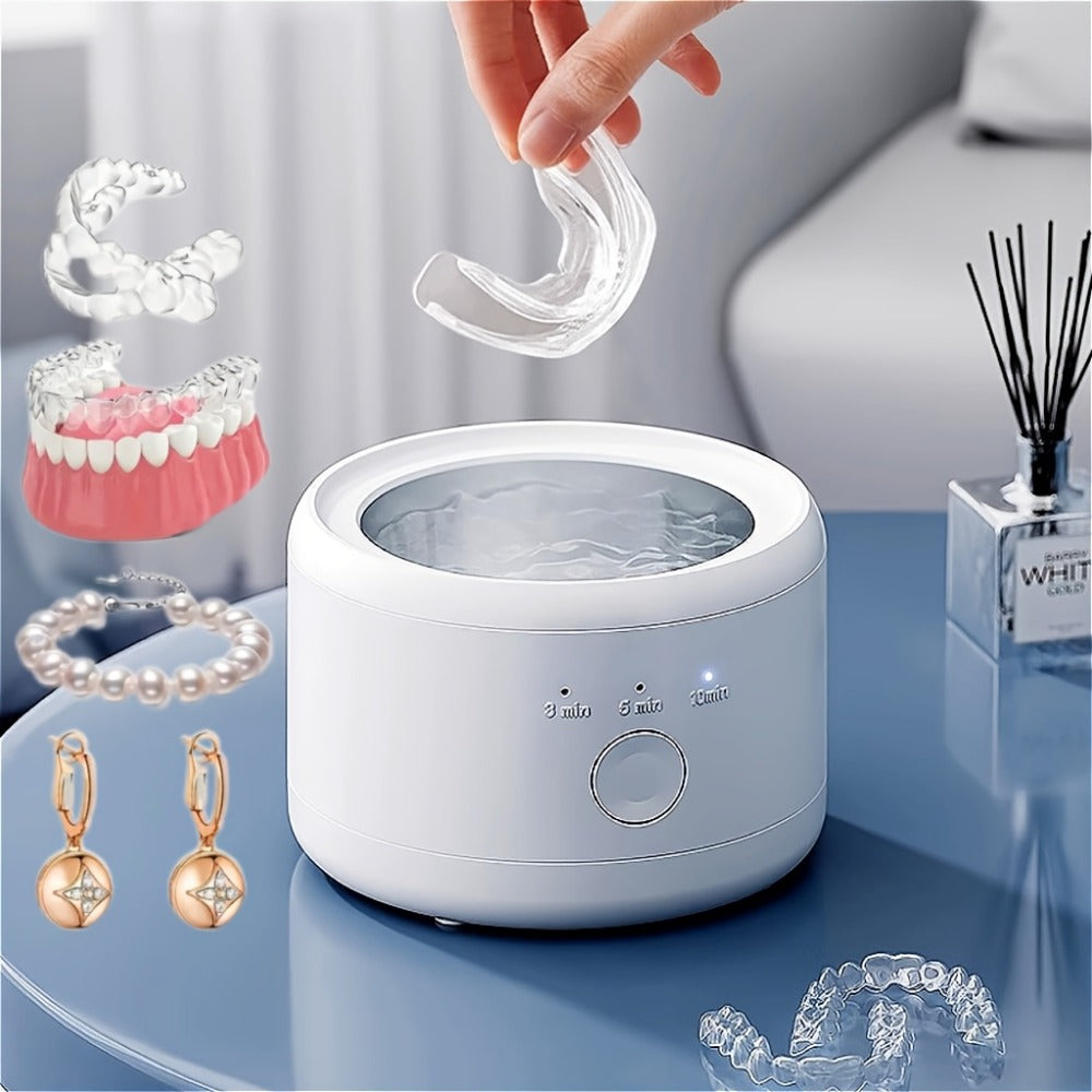 Electric Ultrasonic Cleaner Machine for Dentures Jewelry & Glasses — USB Rechargeable 3 Speeds Auto Timer 180ml Tank One-Touch Portable Dental Cleaning Device for Home & Travel