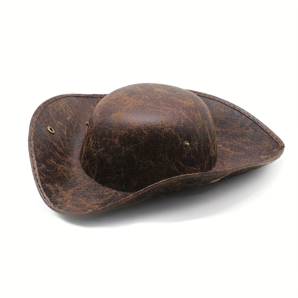 Distressed Faux Leather Pirate Tricorn Hat with Wide Three-Point Brim in Black or Brown for Adult Costumes