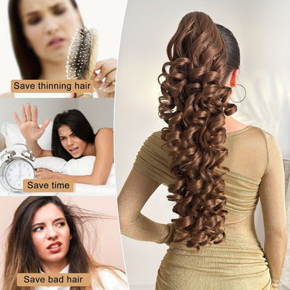 Curly Ponytail Extension 28 Inch Long Heat Resistant Synthetic Clip In Wrap Around Hairpiece Voluminous Bouncy Curls 4 Styles for Women Everyday Parties Festivals