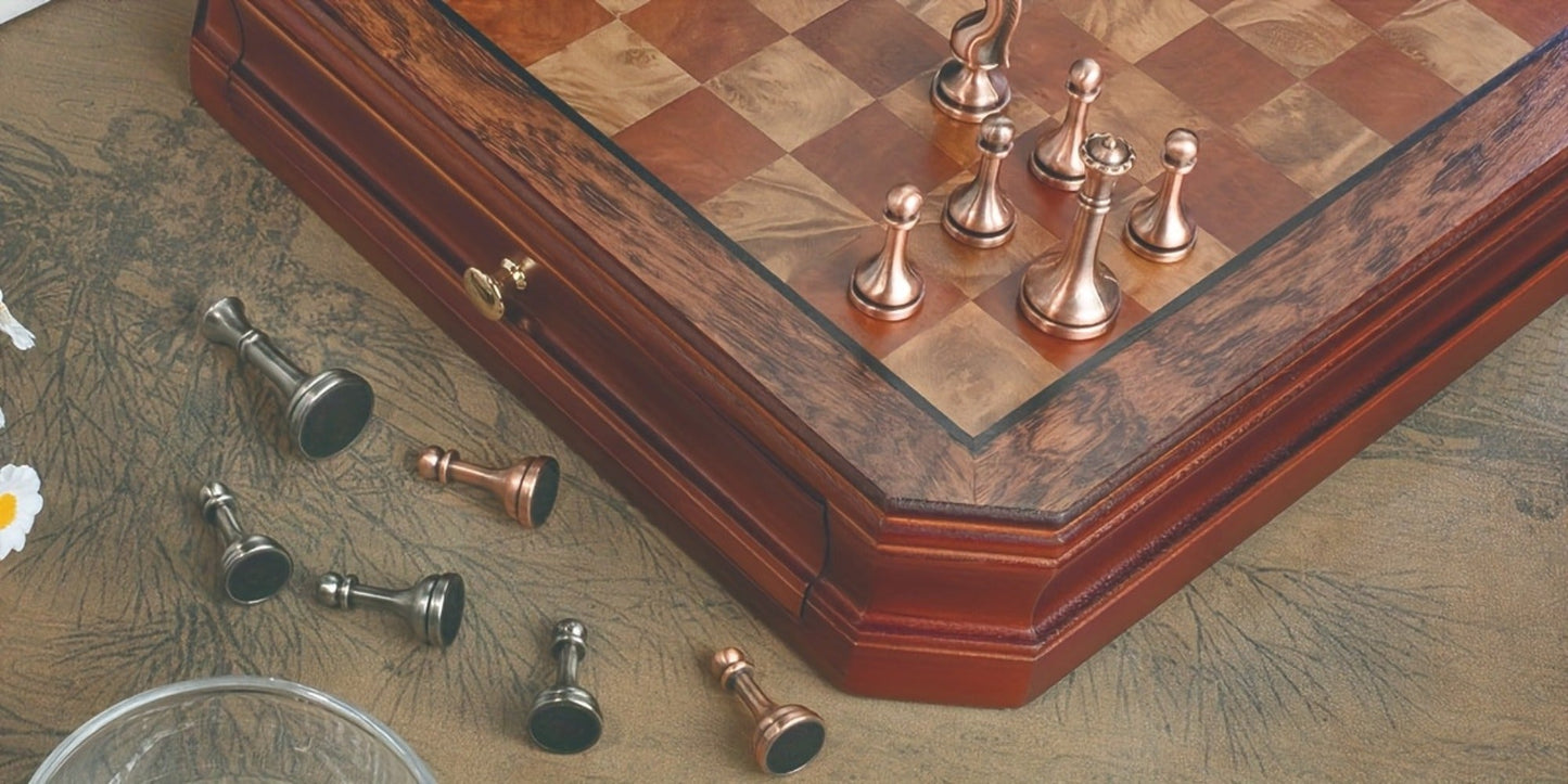 12-Inch Wooden-Style Chess Set with Metal-Finish Pieces, Two Storage Drawers and Two Extra Queens for Adults