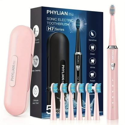 Sonic Electric Toothbrush for Adults Rechargeable – 5 Cleaning Modes 6 DuPont Brush Heads 40000 VPM 120-Day Battery 2-Minute Smart Timer Whitening Sensitive Polish Massage USB Charge Travel Ready Pink Black Purple