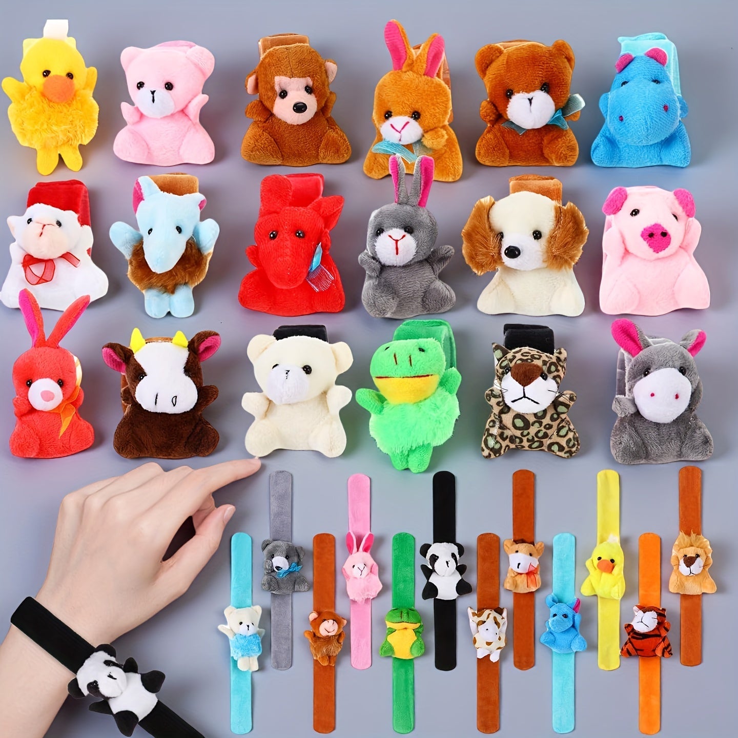 Plush Animal Slap Bracelet Assortments in 6-, 10-, 15- or 30-Piece Checkout Packs for Party Favors