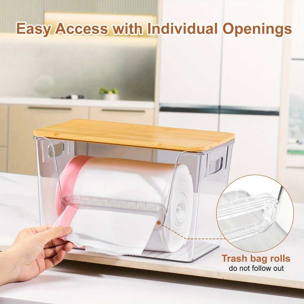 Clear Stackable Trash Bag Roll Dispenser with Bamboo Lid and One-, Two- or Four-Pack Options