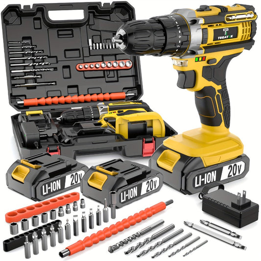 20V Cordless Drill Set Impact Power Drill 3/8 Inch Keyless Chuck 18+3 Clutch 45Nm Max Torque 2-Speed Work Light 2.0Ah Battery Fast Charger 136 148 PCS Kit