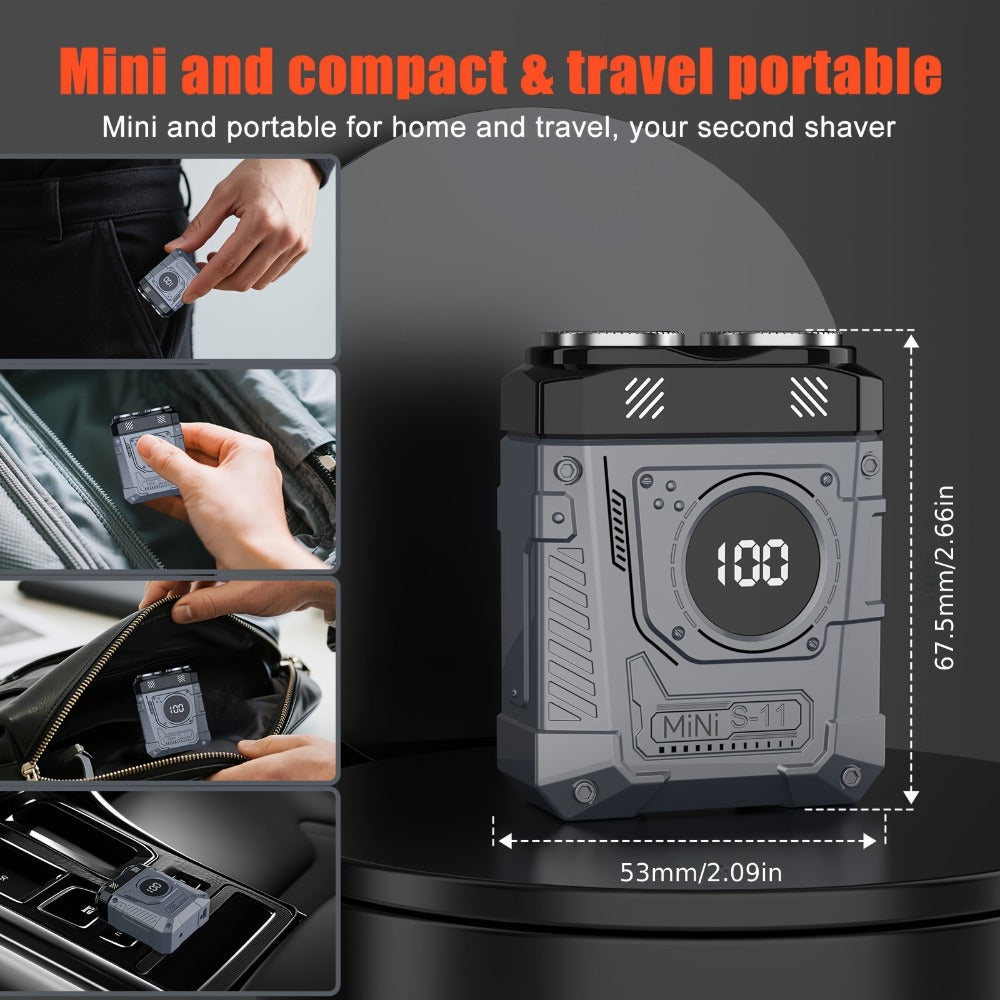 Compact Mecha-Green Dual-Rotary Electric Shaver with Front Battery Display and USB Cable Pictured