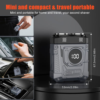 Compact Mecha-Green Dual-Rotary Electric Shaver with Front Battery Display and USB Cable Pictured