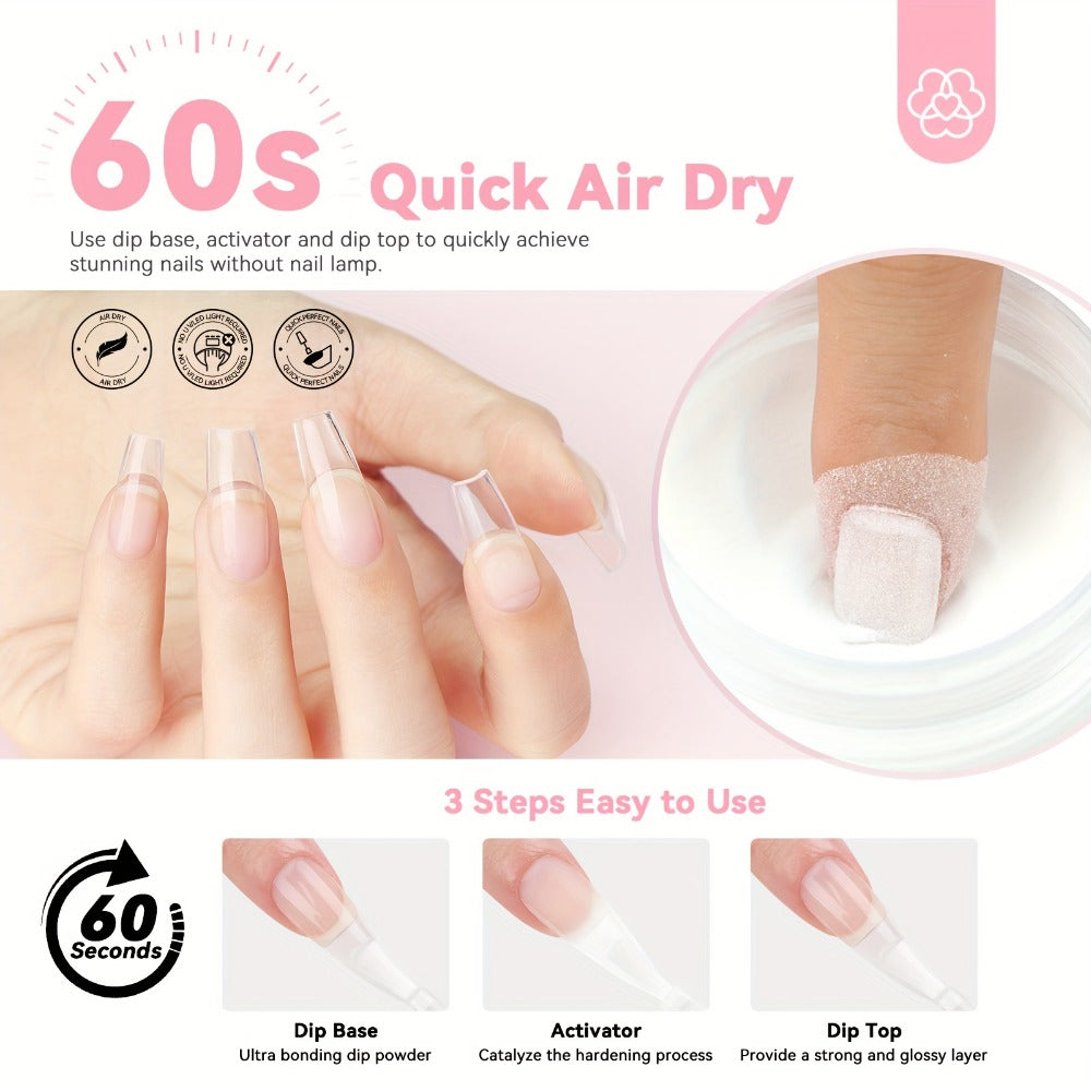 Dip Powder Nail Kit with SAVILAND Label, 60g Clear Powder, Three 15ml Liquids, Files, Buffer and Brush