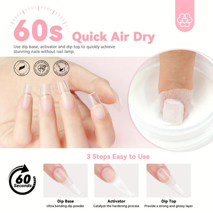 Dip Powder Nail Kit with SAVILAND Label, 60g Clear Powder, Three 15ml Liquids, Files, Buffer and Brush