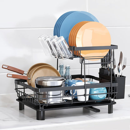 Dish Drying Rack Kitchen Organizer with Two Tiers, Drain Board, Utensil Cup and Three Color Options