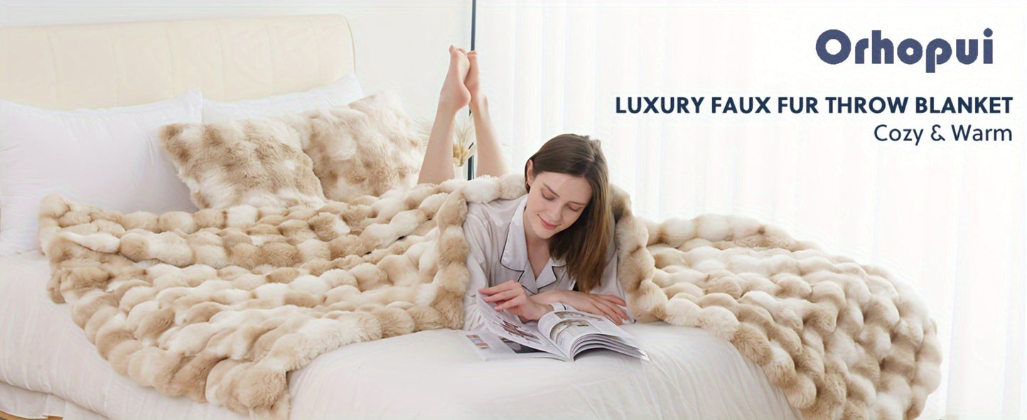 Faux Rabbit Fur Fluffy Blanket – Thick Warm Soft Plush Throw for Bed & Living Room, Luxury Furry Blanket, 8 Colors, 4 Sizes