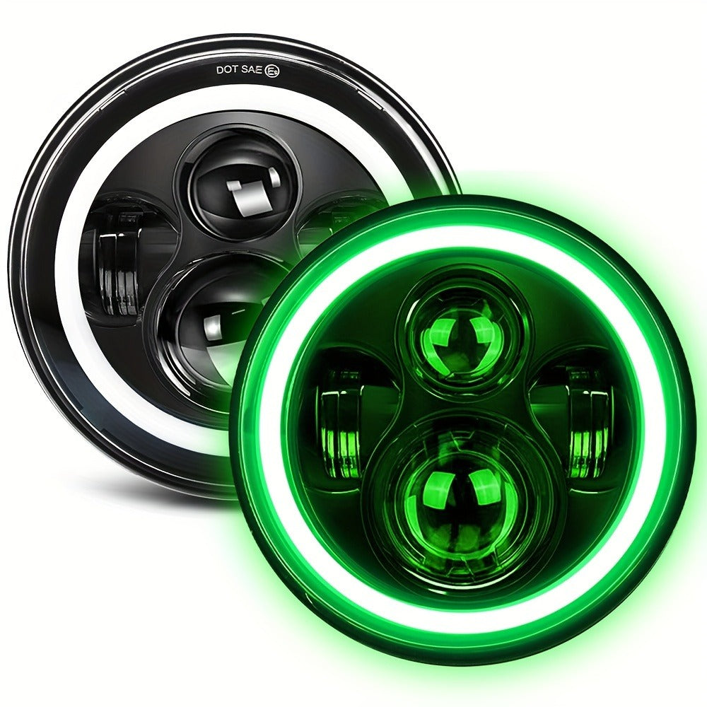 7 Inch Round LED Headlights for Jeep Wrangler JK TJ CJ Colorful DRL Halo Ring Amber Turn Signal High Low Beam, 2pcs White Red Green Blue Multi-Color Replacement Headlamp Set