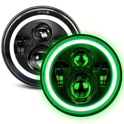 7 Inch Round LED Headlights for Jeep Wrangler JK TJ CJ Colorful DRL Halo Ring Amber Turn Signal High Low Beam, 2pcs White Red Green Blue Multi-Color Replacement Headlamp Set