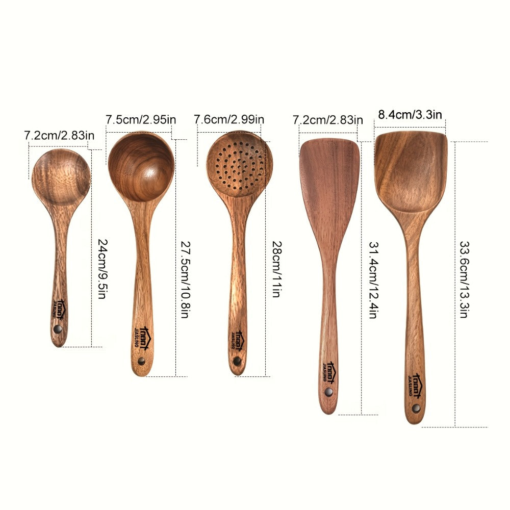 Wooden Kitchen Utensils Set 3/5/7Pcs – Natural Wood Spoons, Spurtle, Ladle & Wok Spatulas for Non-Stick Pans | Heat Resistant, Ergonomic Handle, Easy to Clean